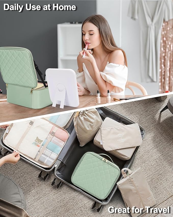 Chomeiu Makeup Bag with LED Mirror, Travel Makeup Case for Women and Makeup Artists Cosmetic Organizer Large Make Up Bags with Light Up Mirror, 3 Color Lights, Adjustable Dividers, Quilted Green