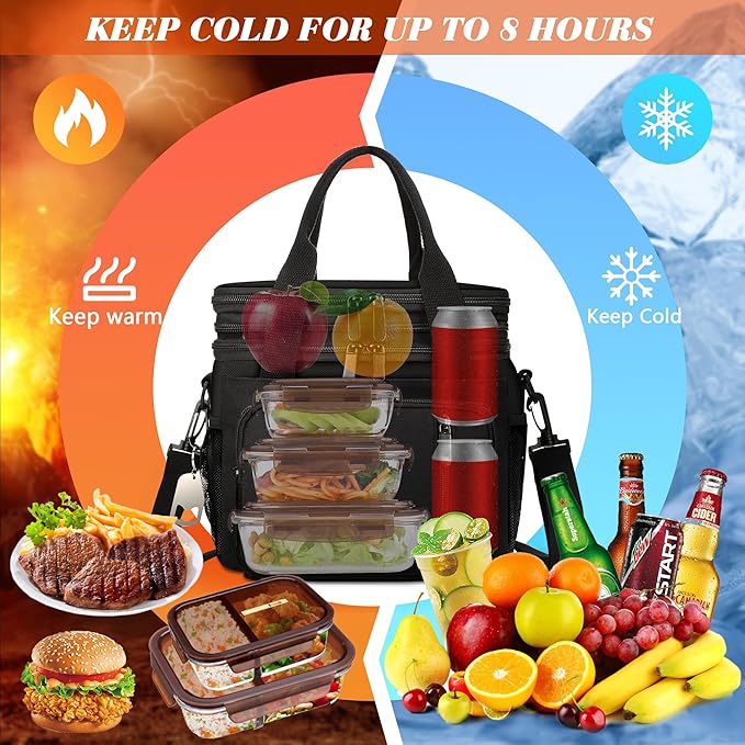 LOKASS Insulated Lunch Box Women & Men Large Adult LunchBag Double-Layer Reusable Lunch Bags Leak-Proof Tote Cooler Bag for Work Picnic Outdoors 16L, Black