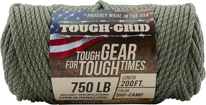 TOUGH-GRID 750 Paracord Rope Nylon Parachute Cord, Made in USA Survival Kit, Outdoor Adventures, Camping, Tactical Gear & Emergency Supplies, Military Type IV Mil-Spec