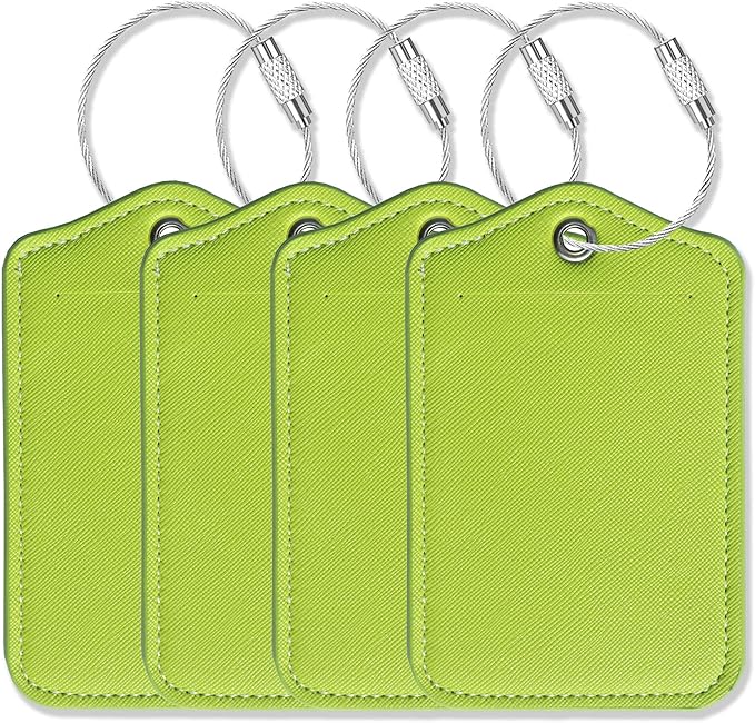 Luggage Tags for Suitcases-Leather Luggage Tag 4 Pack with Loops Cute Bag/Backpack/Suitcase Tags Travel Essentials for Flying (Limegreen)