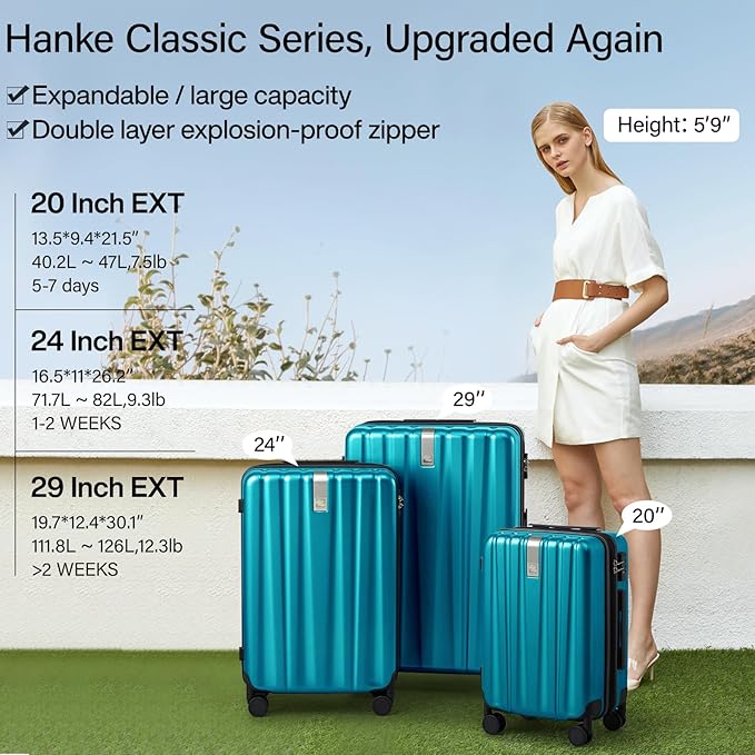 Hanke Expandable Hardshell Luggage Sets 3 piece Carry On Luggage with Wheels Suitcases Lightweight Checked Tsa Luggage Rolling Large Suitcase Travel Luggage Bag Woman Men 20/24/29 Inch(Caribbean Blue)