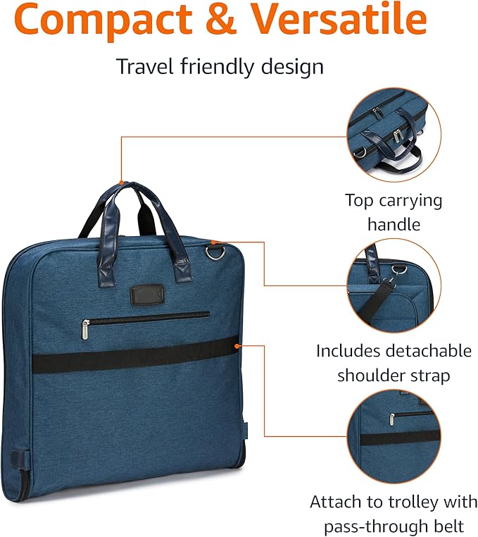 Amazon Basics Carry-On Garment Bag for Travel and Business Trips with Shoulder Strap, Hanging Suit Luggage Bag for Men Women, Wrinkle Free Cover for Suits Dresses Coats, Navy