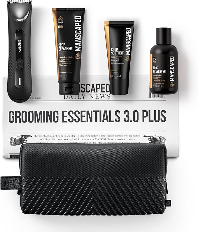 MANSCAPED® Grooming Essentials 3.0 Plus Routine with The Lawn Mower® 3.0 Plus Men's Groin Hair Trimmer, Crop Preserver® Ball Deodorant, Crop Cleanser®, Crop Soother™ Aftershave, Shed 2.0 Toiletry Bag
