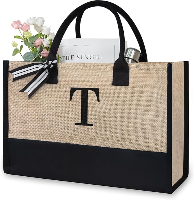 TOPDesign Initial Jute/Canvas Tote Bag, Personalized Present Bag, Suitable for Wedding, Birthday, Beach, Holiday, is a Great Gift for Women, Mom, Teachers, Friends, Bridesmaids (Letter T)
