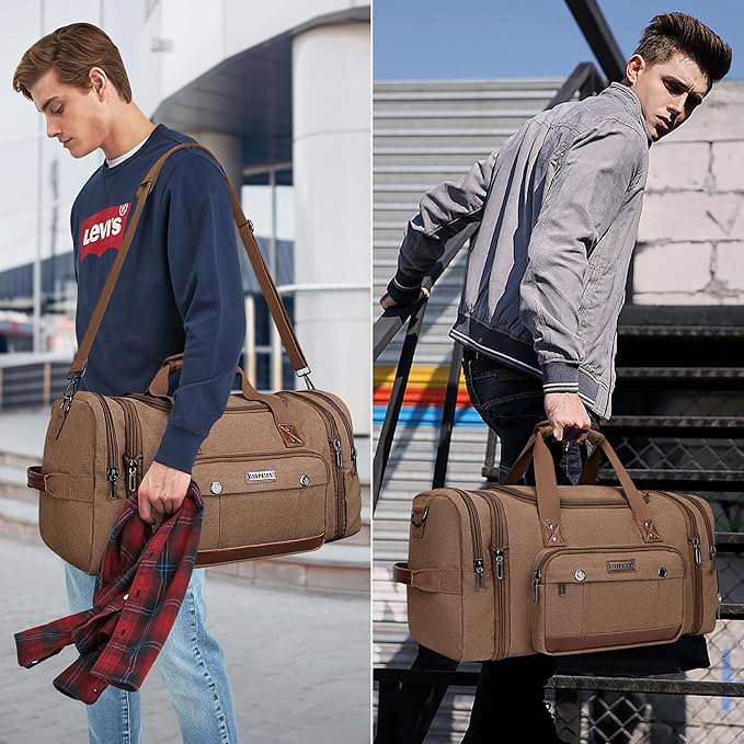 WITZMAN Mens Duffle Bags for Traveling Canvas Weekender Travel Bag Expandable Overnight Bag Carry on Bag(A8007 Brown)