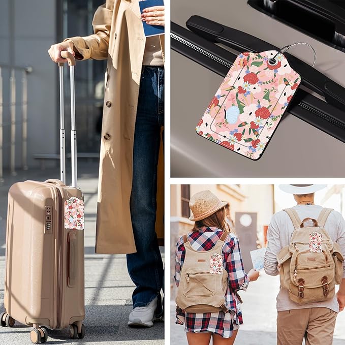 2 Pack Floral Luggage Tag for Suitcase, Pink Luggage Tags PU Leather Suitcase Tags Identifiers Stainless Steel Loop ID Bag Tags Card Baggage Bag Label