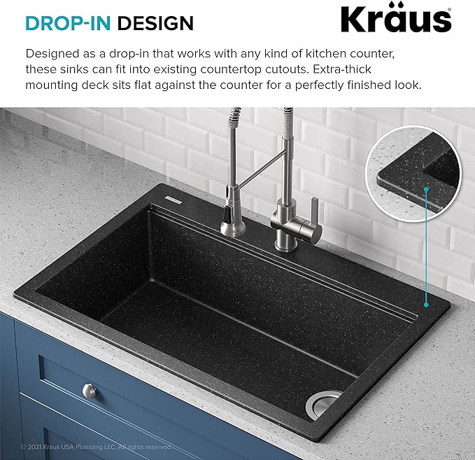 KRAUS Bellucci Workstation 33" Single Bowl Granite Kitchen Sink in Metallic Black w/Accessories, KGTW2-33MBL, Includes Dish Drainer/Dish Drying Rack