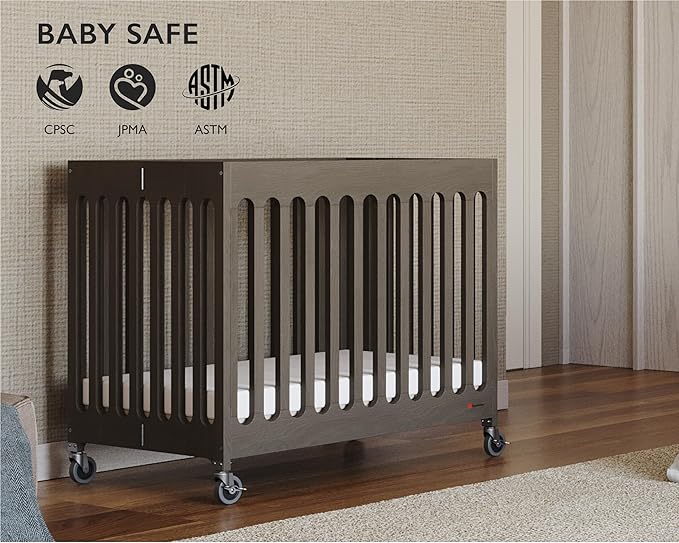 Foundations Boutique Folding Mini Baby Crib - Compact, Portable, Wooden Hotel Crib, Foldable Mini Crib for Baby & Toddlers - Includes 3" Foam Mattress, Dapper Gray