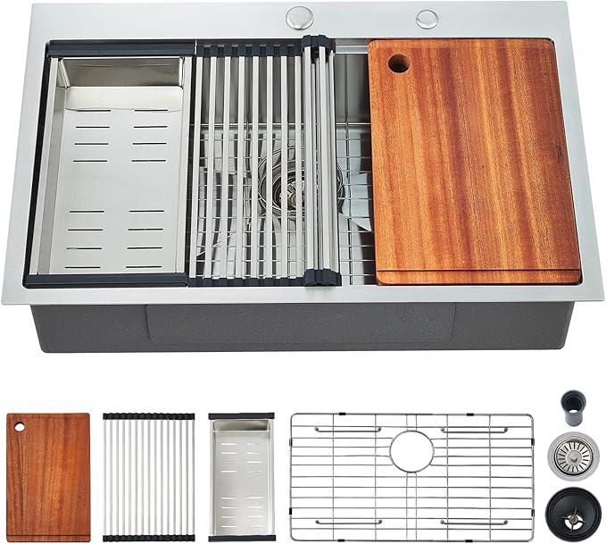 Kitchen Sink, 33 x 22 Drop in Kitchen Sink 16 Gauge Stainless Steel Kitchen Sinks Single Bowl Workstation Sink with Cutting Board