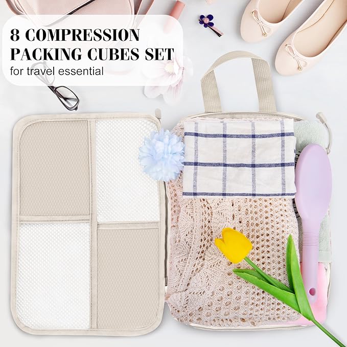 8 Set Compression Packing Cubes Travel, Lightweight Expandable Travel Cubes Suitcase Organizer for Carry On Luggage Suitcase, Beige