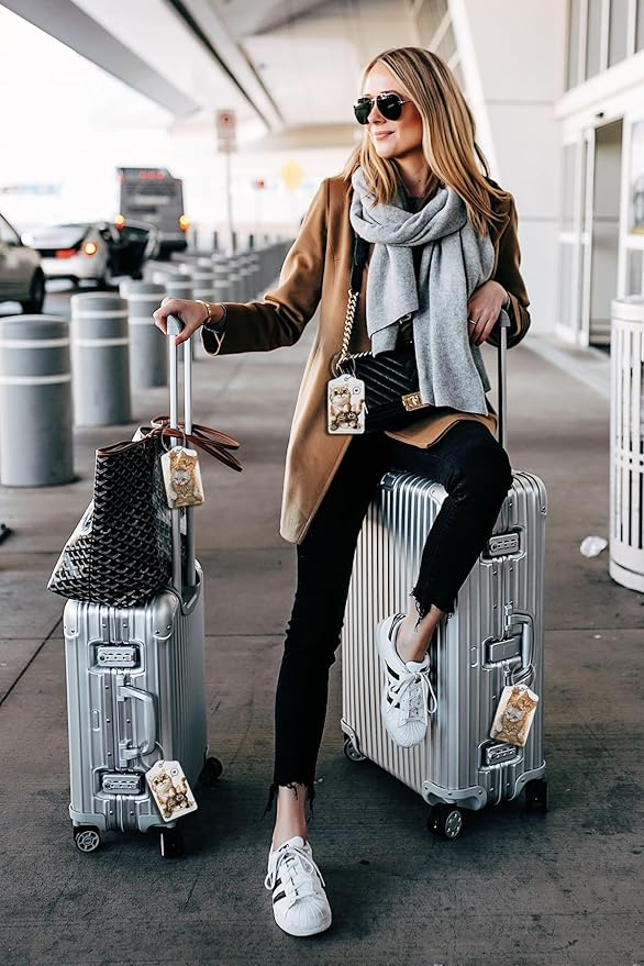 2 Pack Luggage Tags for suitcases Cute Funny cat Luggage Tag, Leather Stainless Steel Loop Label Tag for Men Women Travel Bag Suitcase（2 cat）