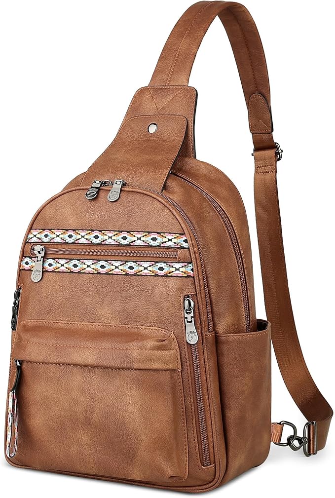 FADEON Large Sling Bag for Women, Leather Crossbody Purse Designer Anti Theft Sling Backpack, RFID Fanny Packs for Travel