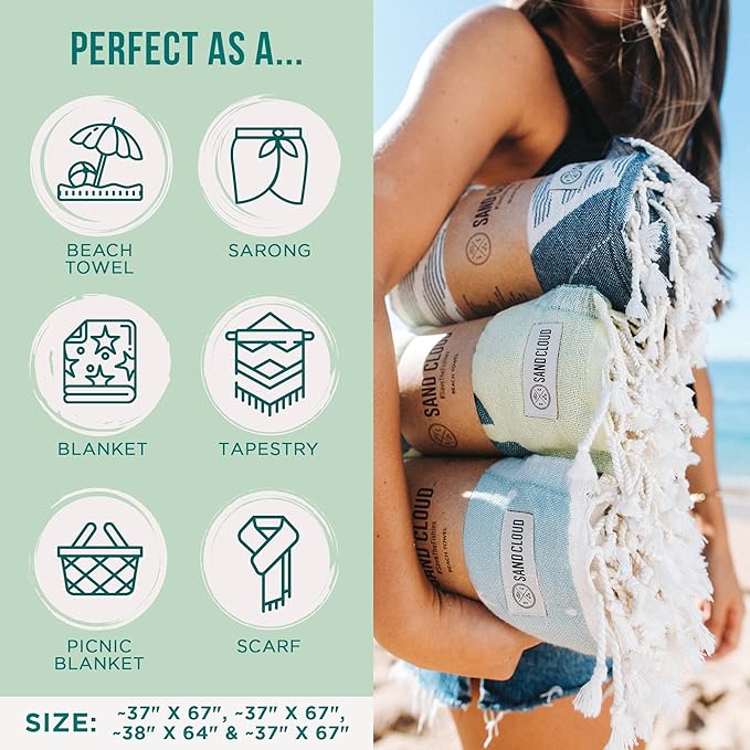 Sand Cloud Large Turkish Beach Towel - Sand Free - 100% Organic Turkish Cotton Yarn - Quick Dry Oversized Towel for Beach, Picnic, Blanket or Bath - As Seen on Shark Tank - Marine Bundle