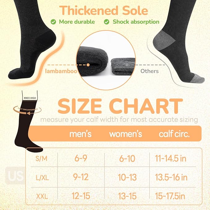Merino Wool Compression Socks for Women Men, 15-20 mmHg Knee High Socks for Flying, Travel, Running