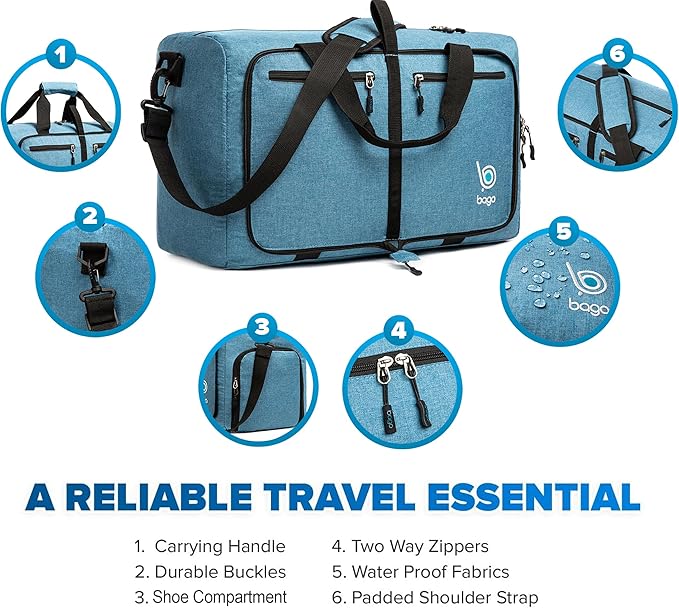 Bago Large Foldable Duffel Bags for Traveling Women & Men - 80L Packable Duffle Bag for Travel with Shoe Compartment - Water Repellant, Heavy Duty, Lightweight Folding & Collapsible (SnowBlue)