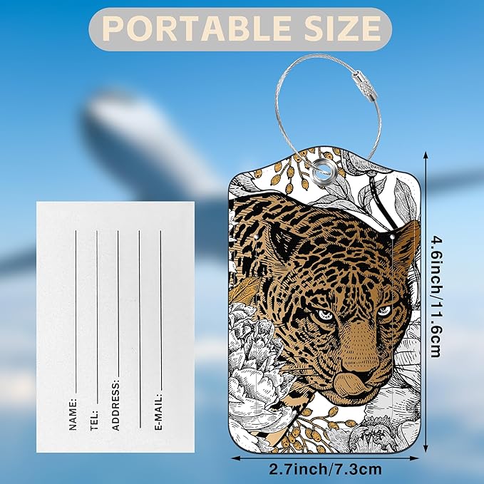 Leopard and Peony Flower Set of 2 Luggage Tags for Suitcases Leather Suitcase Tags Identifiers with Privacy Name Address Label and Stainless Steel Loop for Women Men Travel Luggage Accessories