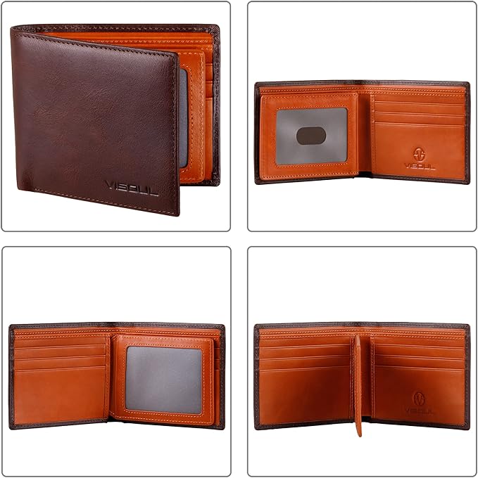 VISOUL Men's Leather RFID Blocking Wallet Extra Capacity, Bifold Security Wallet for men with 2 ID Windows 8 Card Slots 2 Cash Compartments (Coffee and Dark Orange)