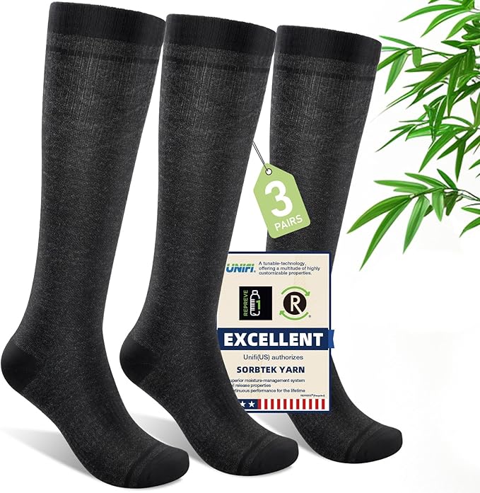 Mens Compression Socks for Men Women, 15-20 mmHg Bamboo Viscose Knee High Soft Support for Travel Daily