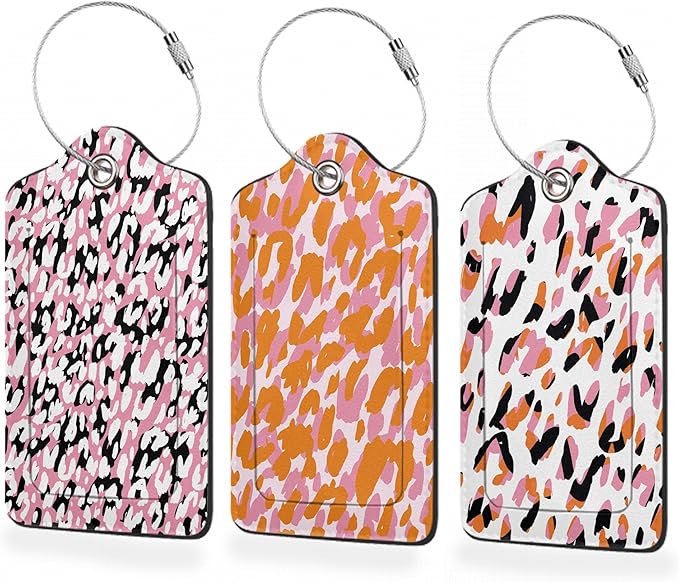 3 Pack Luggage Tag for Suitcase,Abstract Modern Leopard Leather Luggage Tags with Privacy Cover Name ID Label Identifiers Travel Bag Tags for Women Men Boys Girls