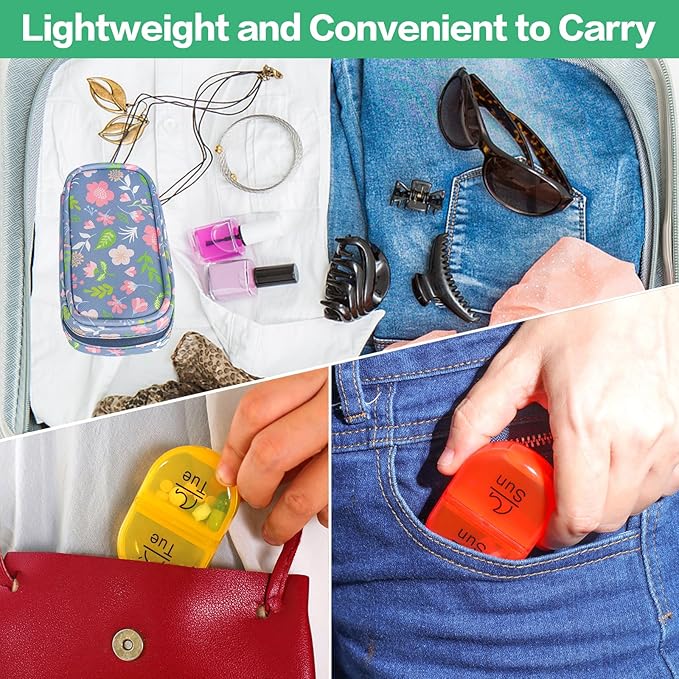 Serfeymi Weekly Travel Pill Organizer 2 Times A Day AM PM Upgraded Rainbow Pill Box 7 Day with Portable Zipper PU Leather Pill Case, Medicine Organizer for Pills, Vitamins, Fish Oils - Floral 02