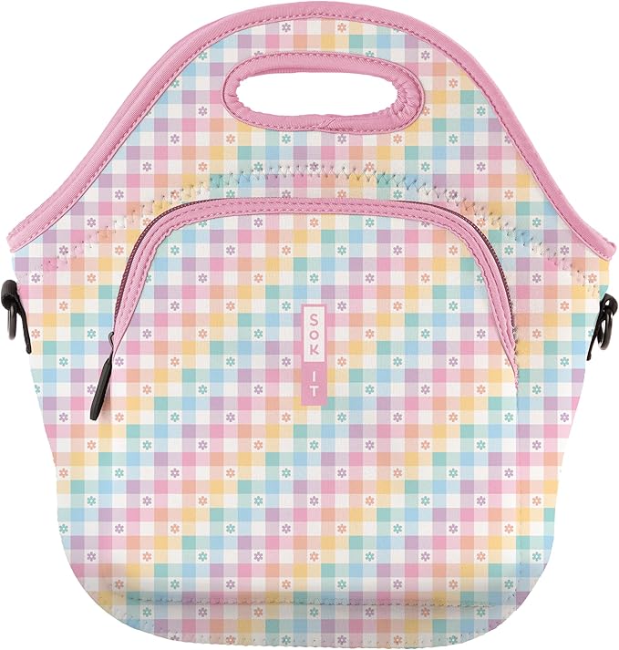 Sok It LunchTote Zippered Bag Insulated Neoprene Caddy (Gingham Flowers, X-Large 6.5 Quart Lunch Tote)