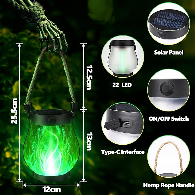 Halloween Solar Flame Lantern Hanging Outdoor Waterproof Purple - 2 Pack Flame Lanterns with Dual Charging Modes of Solar & USB for Garden or Yard Halloween Decorations (Green - 2 Pack)