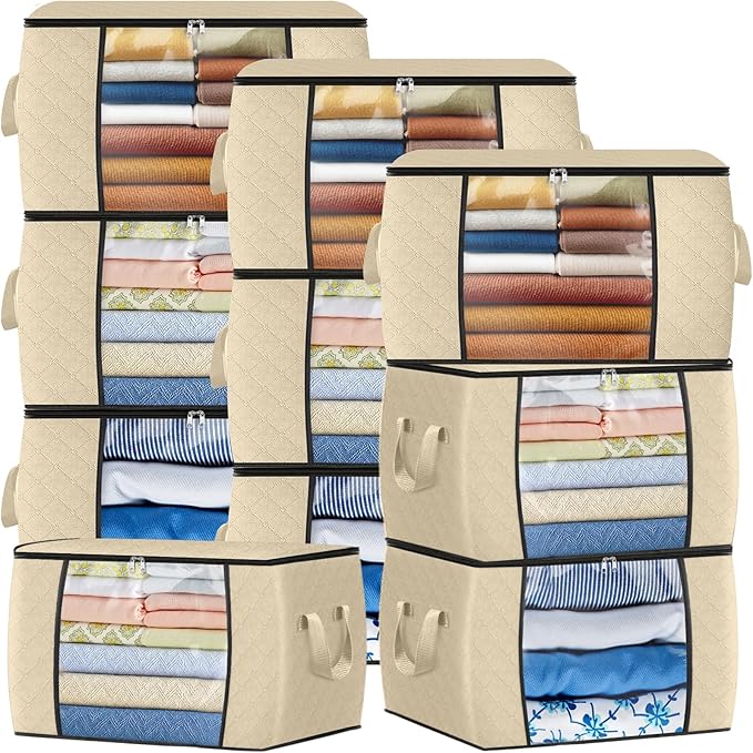 Fab totes 24 Gallons Clothes Storage, Foldable Thick Fabric Blanket Storage Bags, Containers for Organizing Bedroom, Closet, Clothing, Comforter, Organization with Handle (10 Pack,Beige)