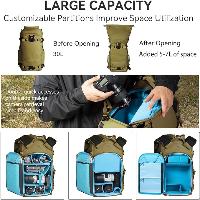 Tenzing 30L Water-Resistant Camera Backpack with Rain Cover, 14" Laptop Compartment, Fits DSLR, Drone, Lenses, Tripod-Brown