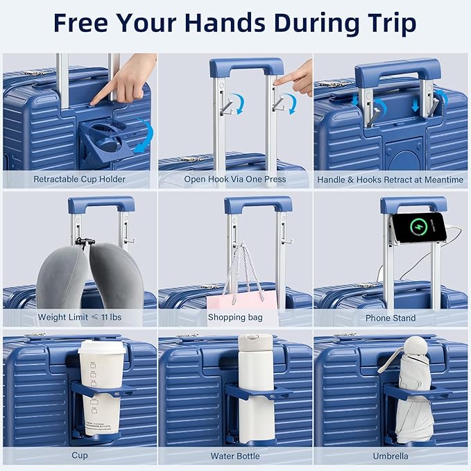 Hard Shell Suitcases Expandable Travel Luggage Sets 2 Piece, Carry on and Check in Luggage Lightweight Suitcase Set 2 Piece with Wheels Cup Holder Charger Built in (Interstellar Blue, 20/28)