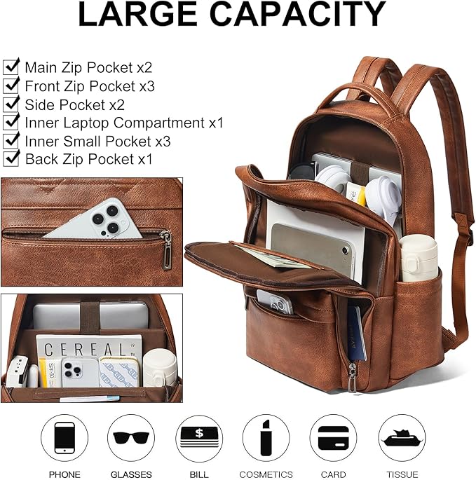 30L Business Laptop Backpack for Women Men, Travel Work Backpack Purse Faux Leather College Bookbag fits 15.6" Laptop - Brown