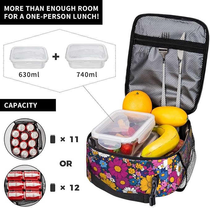 Floral Insulated Lunch Box for Women Men Floral Lunch Bag for Travel,or Fishing Polyester Floral Lunch Box