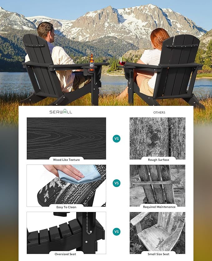 SERWALL HDPE Folding Adirondack Chair with Dual Cup Holder - Composite Adirondack Chair Set of 8- Black