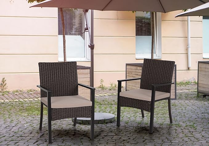 PHI VILLA Outdoor Wicker Chairs Set of 4, Rattan Covered Metal Armchairs with Removable Cushion, Heavy Duty Furniture Set for Patio, Deck, Porch, Yard
