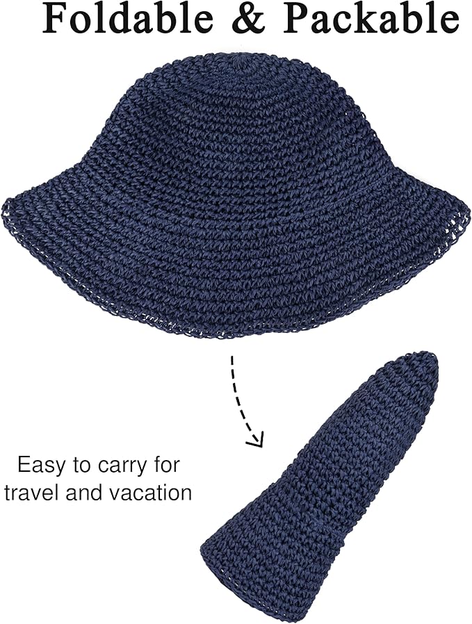 Womens Wide Brim Straw Sun Hat Foldable Floppy Crochet Beach Hat for Summer