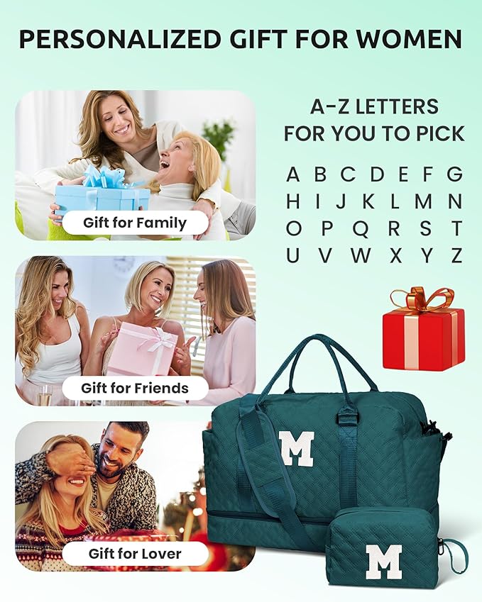 Gifts for Women-Initial Kids Duffel Bags with Shoe Compartment, Women Weekender Bag, Monogram Overnight Bag for Women, Letter Travel Bag with Makeup Bag Bride Gifts Birthday Gift (Letter I)