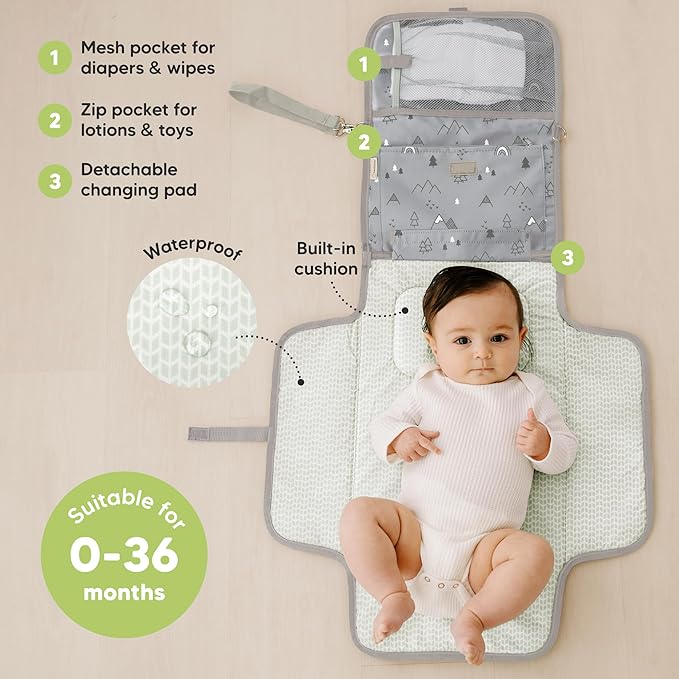 KeaBabies Portable Diaper Changing Pad - Large Waterproof Baby Changing Mat, Compact Travel Diaper Clutch, Functional Pockets Fit Newborn Essentials, Wipeable & Padded Baby Changer (Woodland)