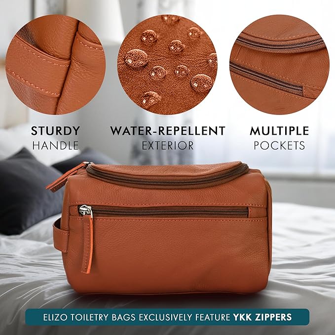 ELIZO Premium REAL Leather Toiletry Bag for Men Dopp Kitt Hanging Mens Toiletry Large TSA Toiletries Bag Shaving Grooming Bag Organizer Espresso (Tuscan, Large)