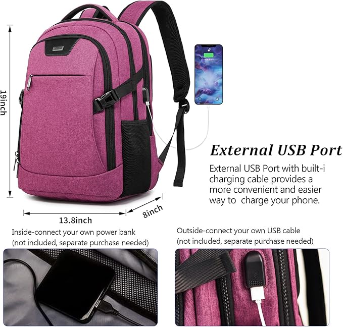 DUSLANG Travel Work Laptop Backpack With USB Charging Port Fits 15.6 15 14 13 Inch Laptop and Notebook Business Anti Theft College Computer Bag Back Pack for Women- Hot Pink