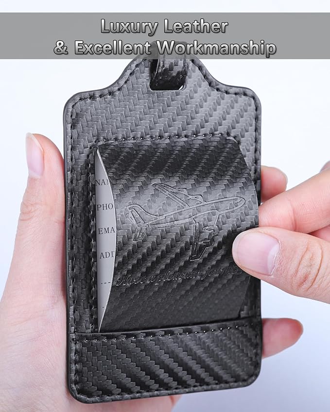 Teskyer Luggage Tags, 3 Pack Premium PU Leather Luggage Tags for Suitcases, Privacy Protection Travel Bag Tags, Carbon Fiber Black
