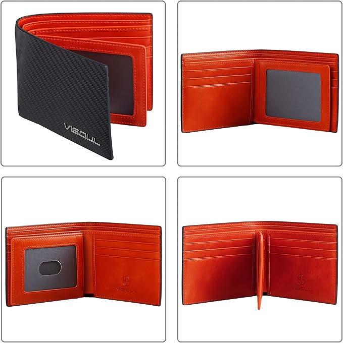 VISOUL Mens Bifold Wallet with 2 ID Windows Carbon Fiber Leather, RFID Blocking Secure Designer Billfold Wallets for Men with Two Cash Compartments (Black+Orange Red)