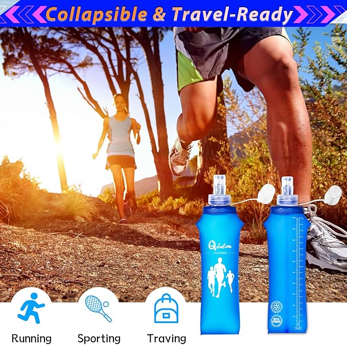 Qidoe 2 Pack Running Vest Soft Flask, 17oz/500ml BPA-Free TPU Collapsible Soft Water Bottle for Hydration Pack, Running Vest, Folding Water Bottles for Hiking Cycling Climbing