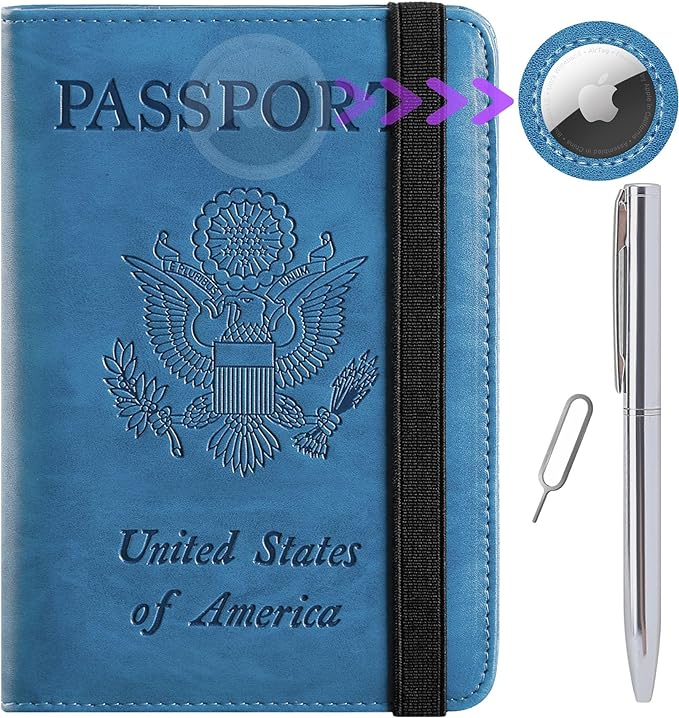 Airtag Passport Holder Cover Wallet Travel Essentials RFID Blocking Leather Card Case International Must Haves Travel Accessories for Women Men(119#Blue)