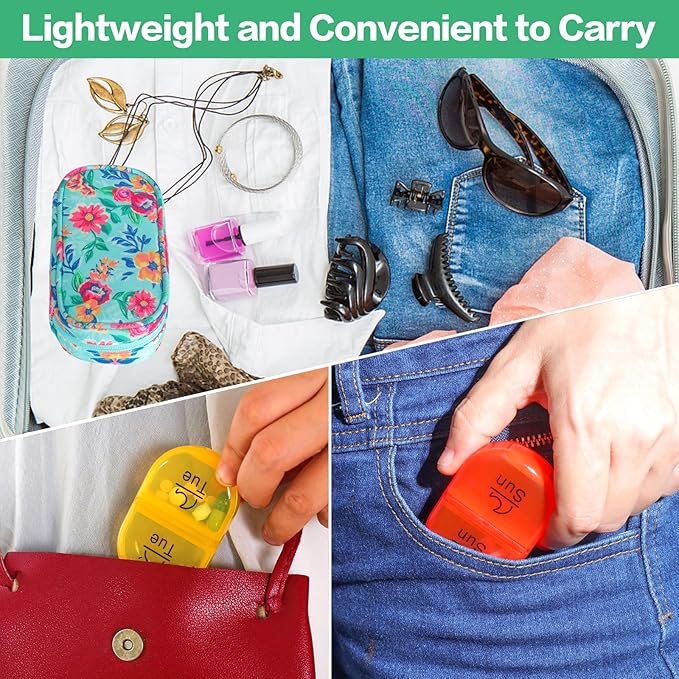 Serfeymi Weekly Travel Pill Organizer 2 Times A Day AM PM Upgraded Rainbow Pill Box 7 Day with Portable Zipper Canvas Pill Case, Medicine Organizer for Pills, Vitamins, Fish Oils - Green 01