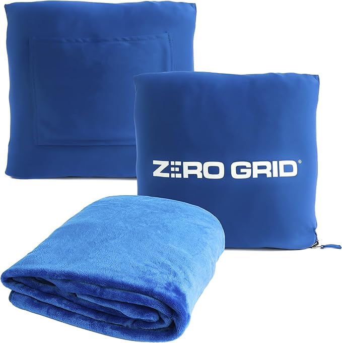 Lightweight Travel Blanket - Premium & Compact Airplane Wearable Blanket with Neck Snaps, Cozy Foot Pockets, Zipper Pouch - Converts into Soft Pillow - Designed for Ultimate Comfort - Royal Blue