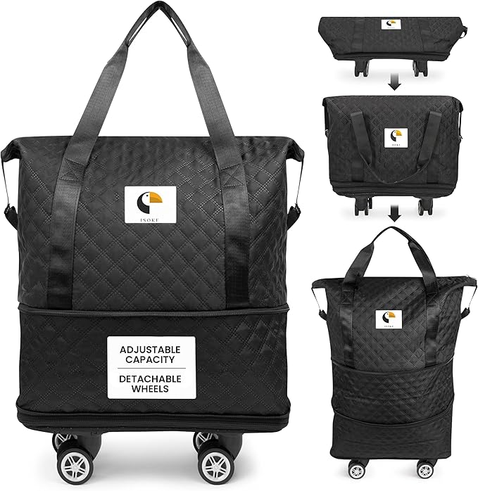 ISOKE Foldable Travel Duffel Bag - TSA Approved - With Wheels & Shoe Compartment - Weekender Bags for Women - Carry On Overnight Bag - Black - 16"×10"×24"