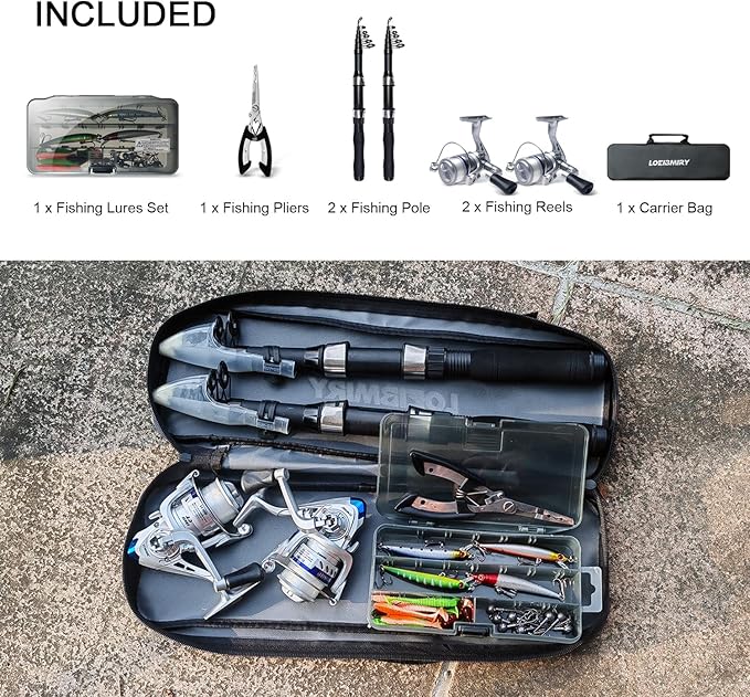 Fishing Rod Reel Combo - 2PCS 6.89ft Collapsible Rods 2PCS Spinning Reels Lures Set Fishing Pliers Carrier Bag for Travel Saltwater Freshwater Fishing Telescopic Fishing Pole Kit