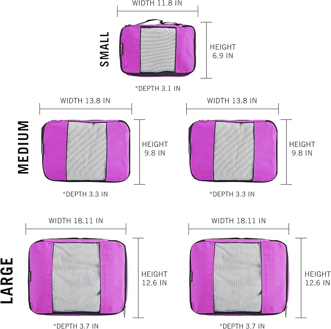 TravelWise Luggage Packing Organization Cubes 5 Pack, Pink, 1 Small, 2 Medium, 2 Large