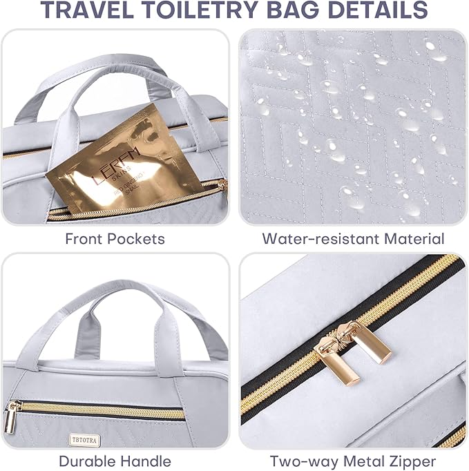 Hanging Toiletry Bag for Women Travel, 2 Sizes Large & Small Waterproof Cosmetic Organizer with 4 Compartments, Rotating Hook, Foldable Pink Travel Bag for Toiletries & Makeup - Large Grey