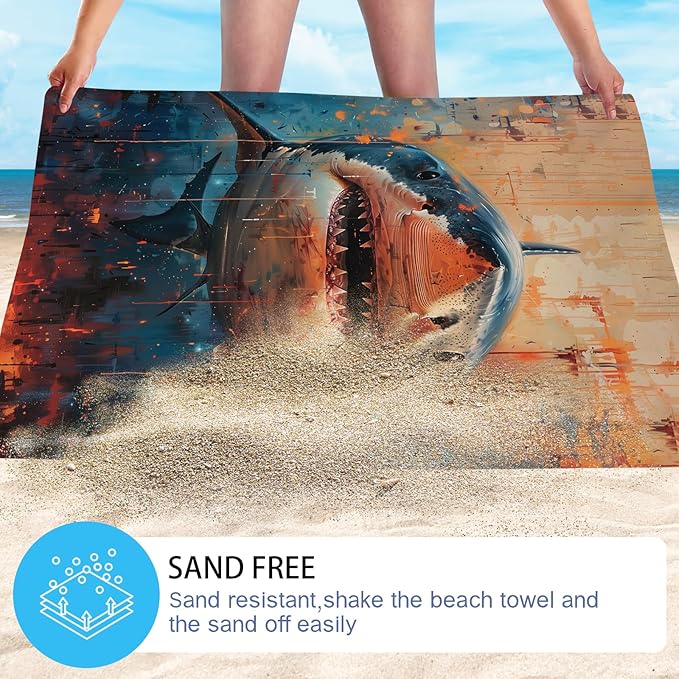 WZOMT Shark Beach Towel, Microfiber Shark Fishing Towel, Retro Ocean Fish Blue Orange Bath Towel for Kids Boys, Quick Dry Sand-Free Absorbent Towel for Pool Swim Travel, Oversized 32x52 Inch