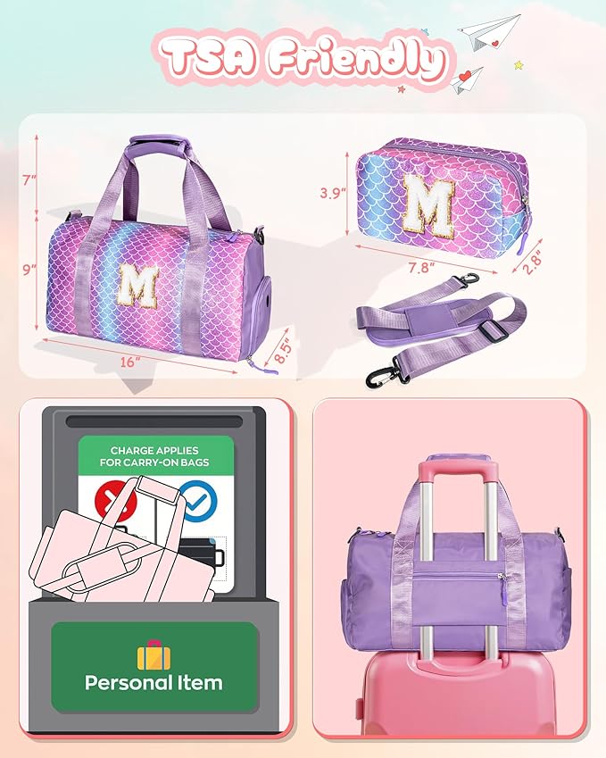 Gift Ideas for Kids Girls-Girl Gym Bag with Shoe Compartment, Kid Personalized Weekender Overnight Bags, Initial Travel Tote with Makeup Pouch, Graduation Gifts Granddaughter (Letter N)